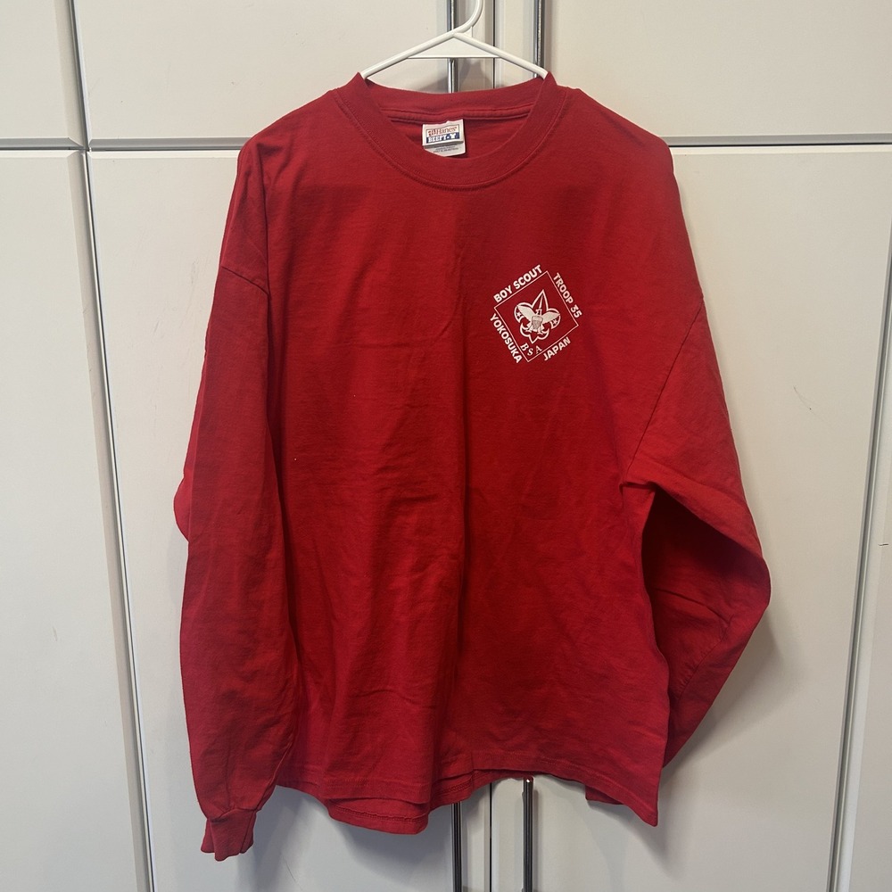 Vintage Hanes Beefy-T Boy Scout Troop 35 Yokosuka Japan Red Long Sleeve Shirt XL